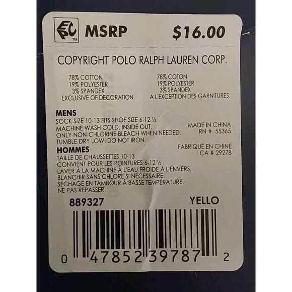 Polo Ralph Lauren Mens Cotton Crew Socks Signature Yellow Navy Striped Sz 10-13 - Picture 8 of 9